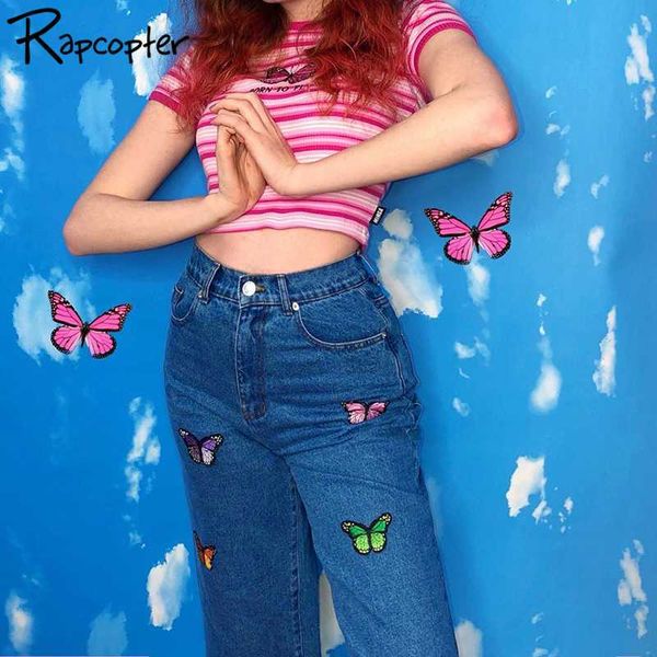 

rapcopter butterfly pattern embroidery denim pants women korean fashion high waist ankle-length pants casual streetwear straight, Black;white