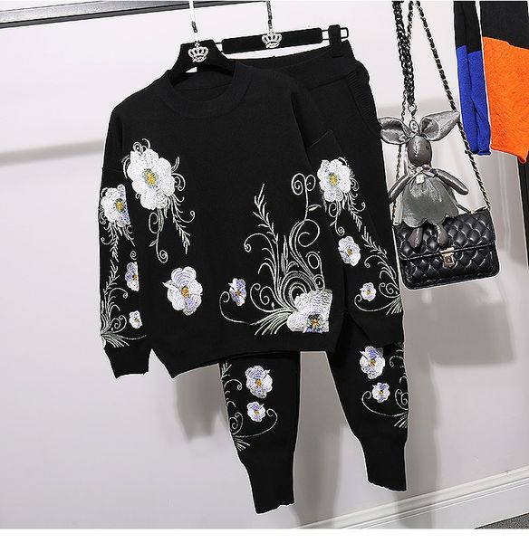 

spring autumn knitted set women embroidery flowers sweater casual long pants two piece outfits female loose knitting tracksuit, White