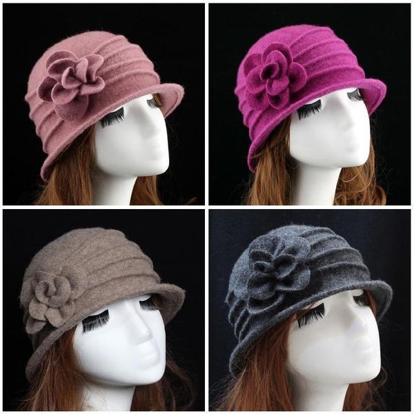 

fashion women wool floppy fedora hat flower decor autumn winter solid warm mom cap fdc99, Blue;gray