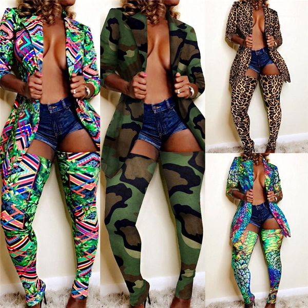 

womens sets lapel neck long sleeve jacket long pantyhose two pieces sets fashion female club suits leopard 2pcs, White