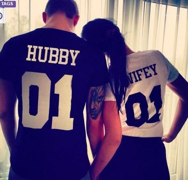 

street short sleeves lovers womens hubby wifey [behind the seal] tshirt english alphabet letters shirt, White