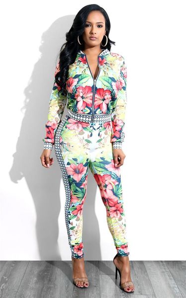

цветочные печати leisure suit женщин весна осень два piece set с длинным рукавом на молнии куртка + long pant sweat suit женщин костюмы конв, Gray