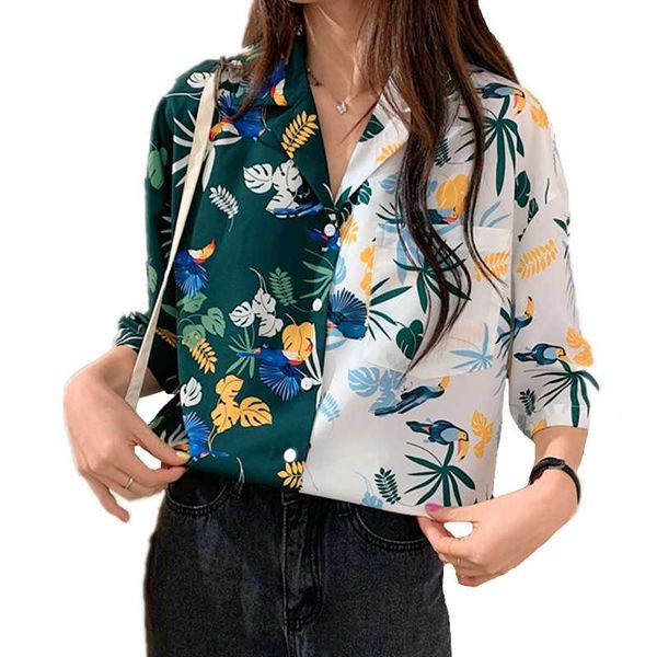 

жаркое лето богемный стиль пальмовые листья печати блузка женская лоскутная половина цвета рубашки топы пляж повседневная с коротким рукавом, White