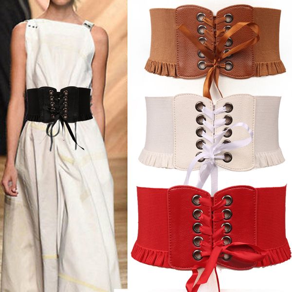 

fashion womens stretch buckle waist belt lady wide lace elastic cinch corset waistband, Black;brown