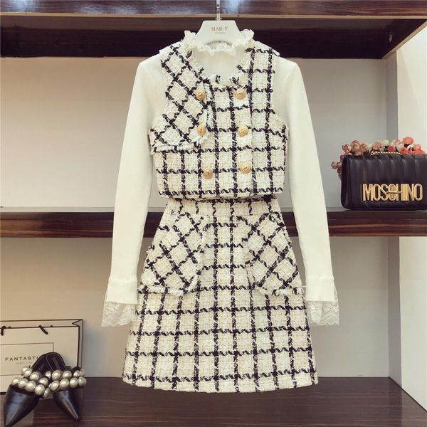 

2018 нежный ветер 3 piece set осень женщина кружева патч трикотажная рубашка + tweed жилет + a - образный юбка женская мини юбки костюм, White