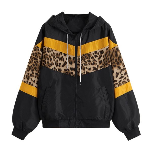 

jaycosin women's casual long-sleeved hooded zipper pocket stitching contrast color leopard windbreaker jacket thin outwear coat, Black;brown