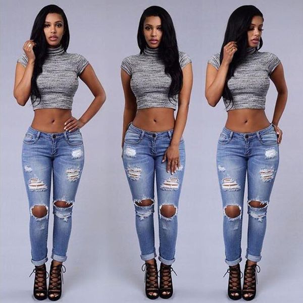 

boyfriend hole ripped jeans women cool denim pencil pants vintage straight for girls high waist casual female slim jean trousers, Blue