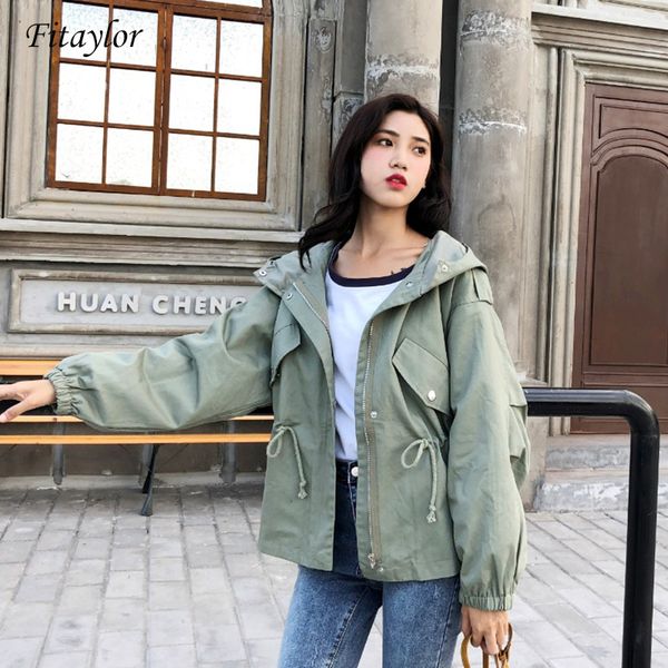 

fitaylor new trench coat spring autumn women's hooded black green windbreaker outerwear female casual trench coat, Tan;black