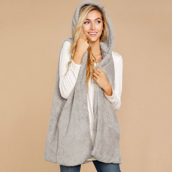 

winter vest waistcoat women lady faux fur solid hoodie sleeveless warm vest fashion open stitch waistcoat outwear, Black;white