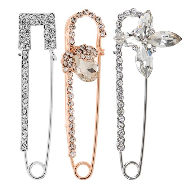 

3 pieces glitter crystal safety pin brooch clip for ladies scarf coat gown, Gray
