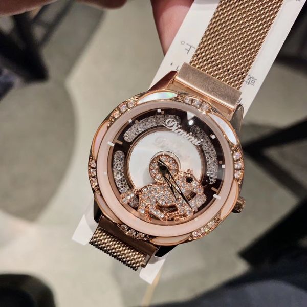 

original designer women lovely spinning horse watches running crystal rotated good luck watch ultra thin milanese bracelet watch, Slivery;brown