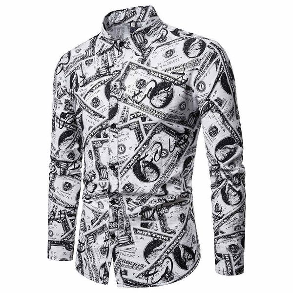 

new spring lapel shirt men's long-sleeved shirt 3d dollar printing casual clothing street hip-hop tide male clothing 2019, White;black