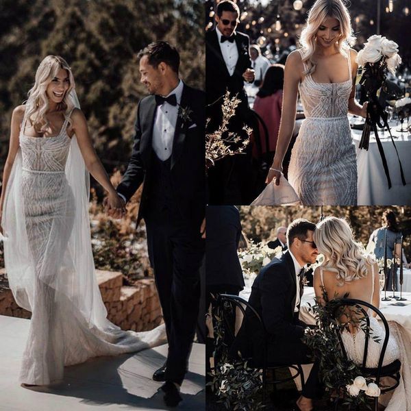 

berta 2020 mermaid wedding dresses luxury lace sequins beaded wedding gowns backless robe de mariee custom made beach wedding dress, White