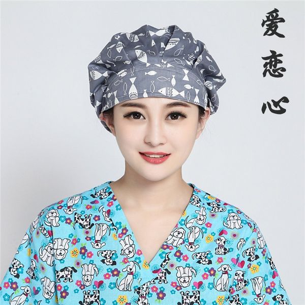 

cap female doctor nurse pure cotton print american europe long hair pompous surgical cap hat, Blue;gray