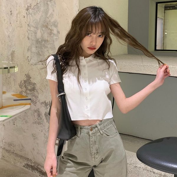 

american solid color polo collar slim single-breasted short-sleeved american solid t-shirt color polo collar slim single-breasted short, White