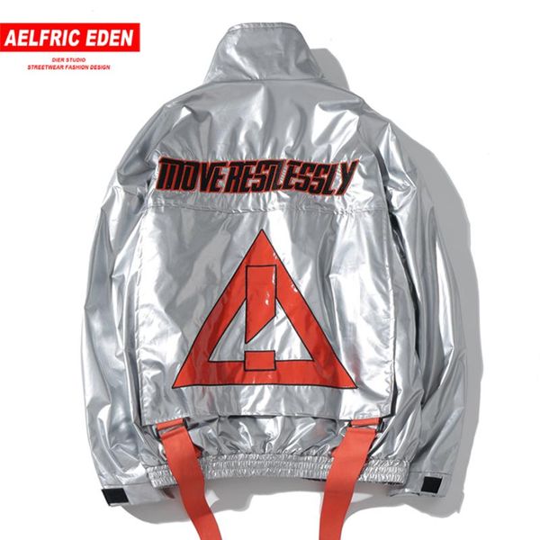 

aelfric eden hip hop glossy embroideried ribbon thick men parka 2019 casual jacket coats harajuku fashion streetwear windbreaker, Black
