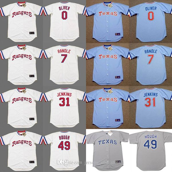 

texas 0 al oliver 7 lenny randle 31 ferguson jenkins 49 charlie hough baseball jersey, Blue;black