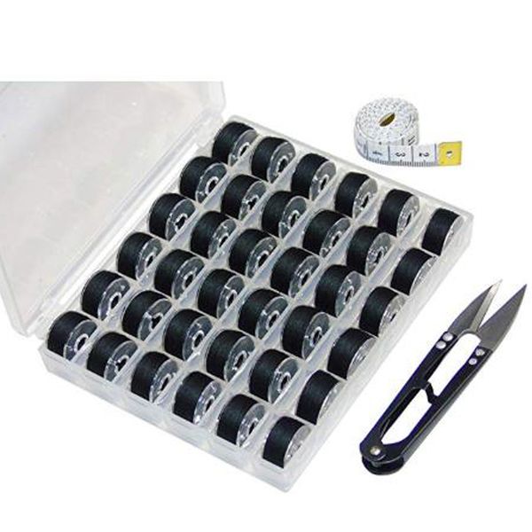

36 pcs bobbins with black sewing thread and bobbin case organizer come with measure tape and sewing scissor for brother singer b