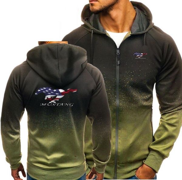 

men hoodies u.s. flag mustang print jacket spring autumn drawstring zipper hooded sweatshirt male pullover hoodie coat