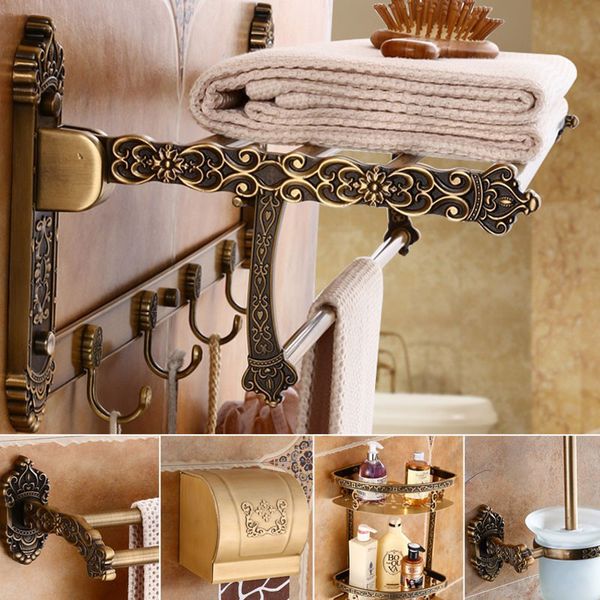 

bath hardware set aluminum foldable towel rack corner shelf paper holder toilet brush holder nail punched antique carved