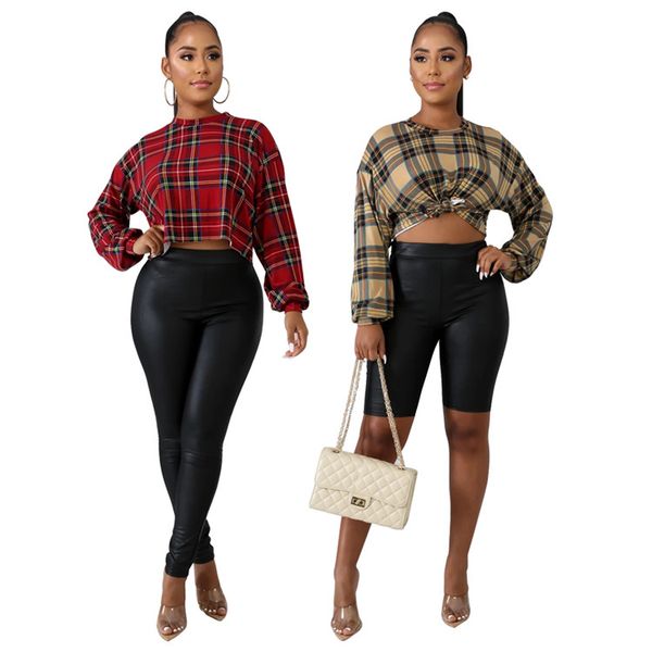 

plaid arrival crop blouses vintage fashion t crew shirt ladies print pullover sleeve women long new neck qfmfd, Black