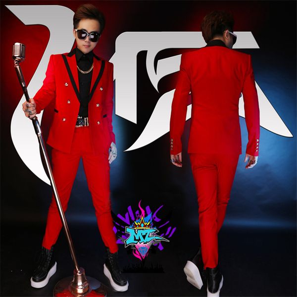 

2020 men custom made new host dancer singer male dj ds red suit costume black collar blazer set (blazer+pants, White;black