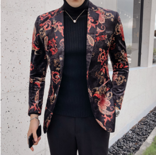

2020 luxury royal paisley floral blazer slim fitwedding party prom blazer flower men pattern velvet suit jacket business, Black;brown