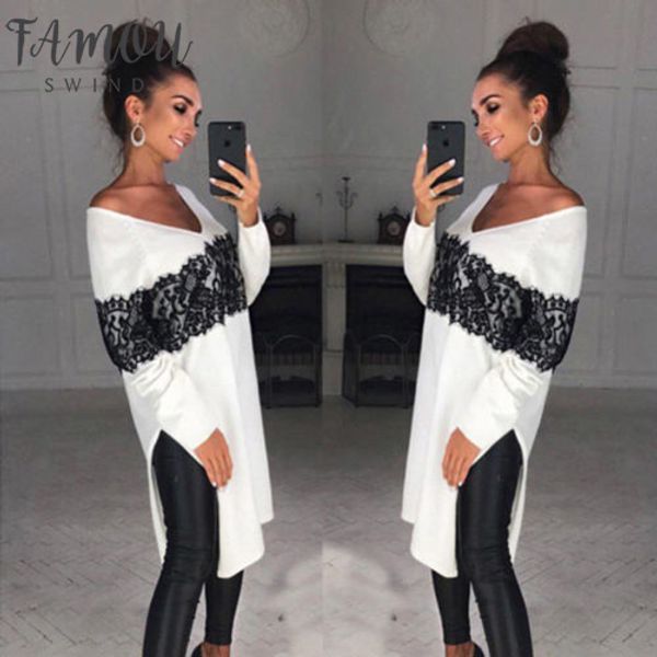

womens v neck loose long sleeve oversize blouse fashion ladies long sleeve lace hem split blouse, White