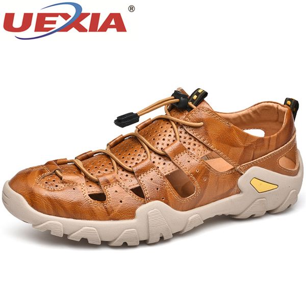 

uexia new handmade hollow leather sandals outdoor 2019 summer men shoes breathable casual shoes footwear walking beach size 47, Black