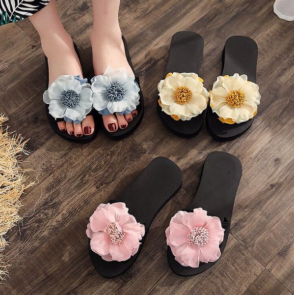 

new 2020 women fashion flip on flops flower scuffs slippers platform sandals summer beach wedge shoes, Black