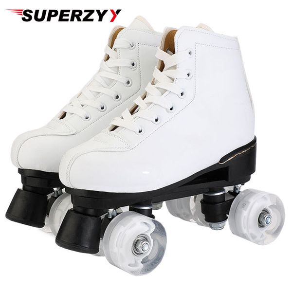 Patins de Rolos Inline Couro Artificial Linha Dupla Mulheres Adulto Dois Skates Sapatos Patines com White Pu 4 Rodas Patinos