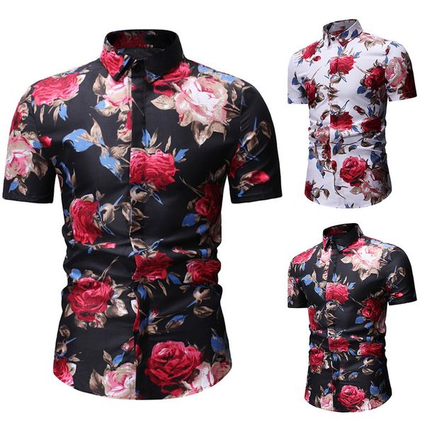 

2019 fashion mens floral hawaiian shirts summer short sleeve slimming floral printed beach shirts mens clothing plus size 3xl, White;black