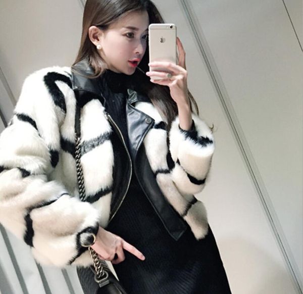 

autumn and winter korean fashion coat femininity imitation water mink coat fur stitching pu leather locomotive lapel jacket, Black