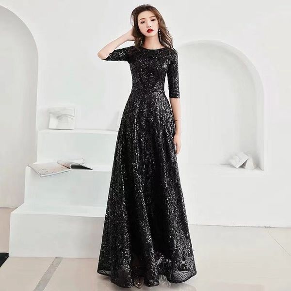

a-line evening dress black sequins shining o-neck half sleeve formal prom dress women vintage floor-length long party gown e091, White;black