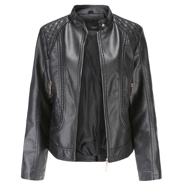 

women's leather & faux 2021 spring and autumn fashion european american casual pu jacket stand collar locomotive coat, Black