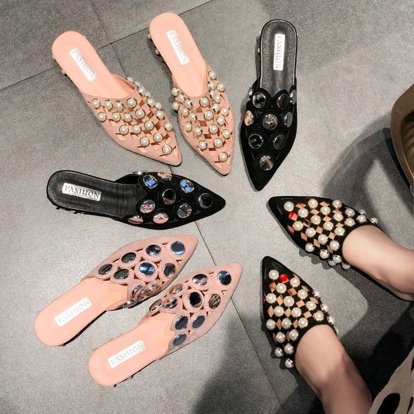 

2019 new korean sequins baotou wild flat pointed muller slippers women, Black