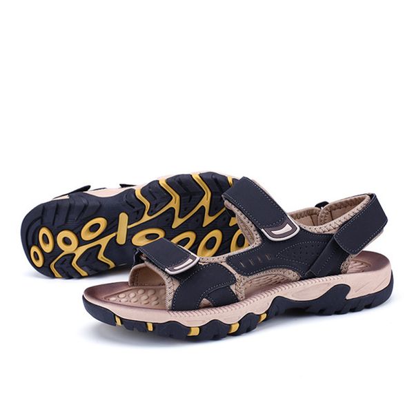 

sandals men open toe beach slippers leather casual shoes couple models men and women shoes non-slip wear-resistant bottom, Black