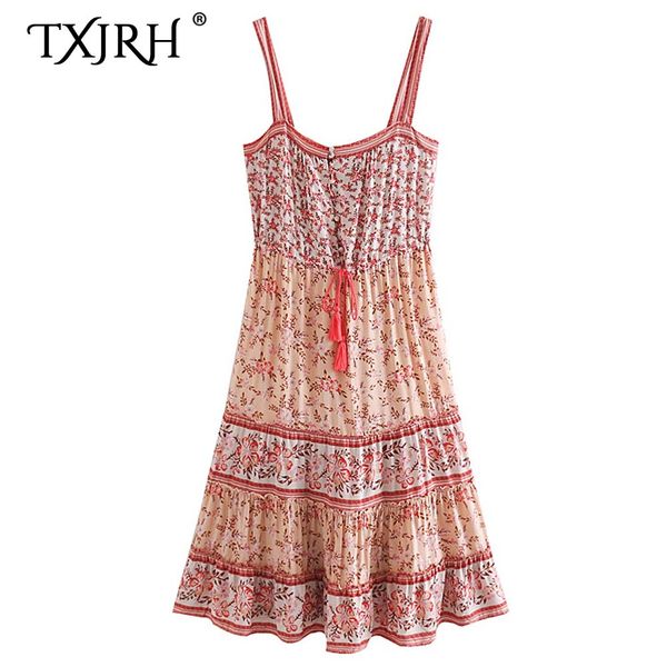 

txjrh sweet ethnic boho floral spaghetti straps holiday adjustable lacing up stitching ruffles a-line dress vestidos 2 colors, Black;gray