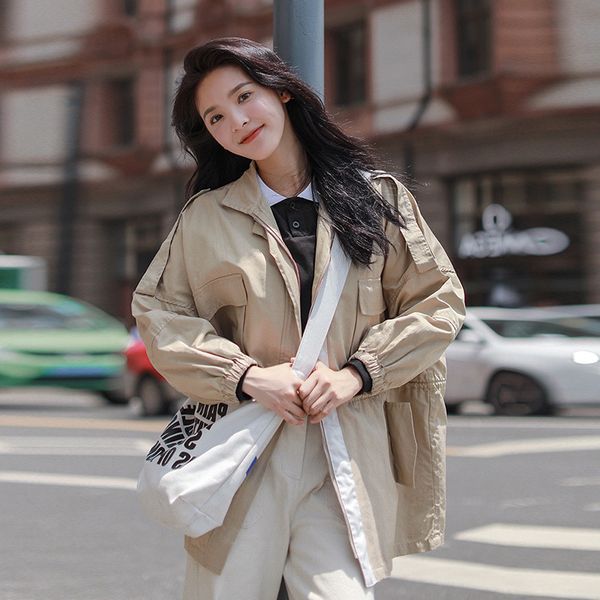 

fashion long trench coat for women straight slim ladies windbreaker turn-down collar pockets designer fall coat, Tan;black