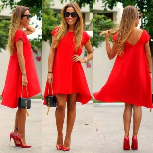 

casual dresses short sleeve hem irregular red dress o-neck knee-length solid color wholesale, Black;gray