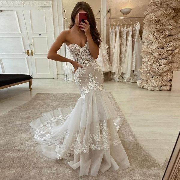 

2020 spring mermaid wedding dresses lace appliques sleeveless lace up wedding gowns princess party bridal gowns vintage vestidos de novia, White