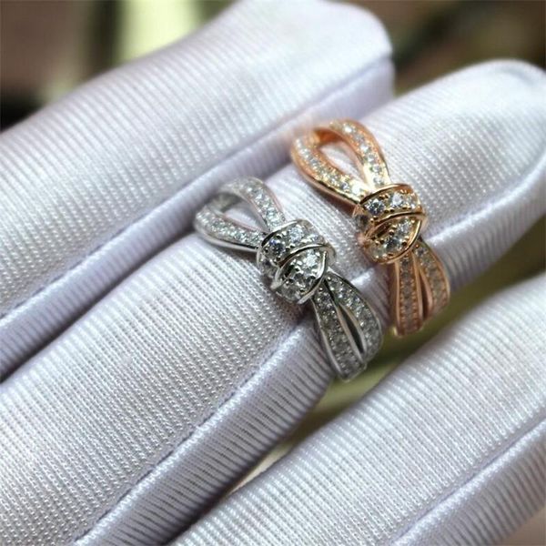 

drop shipping luxury jewelry 925 sterling silver&rose gold fill pave white sapphire cz diamond gemstones bow women wedding band ring gift, Slivery;golden