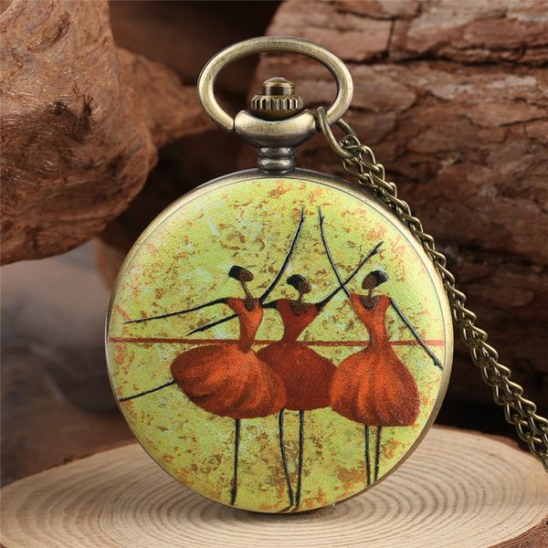 Vintage Bronze Ballet Dancer Painting Design Relógios de Bolso Feminino Senhora Quartzo Relógio Analógico Colar Pingente Corrente Relógio Presente