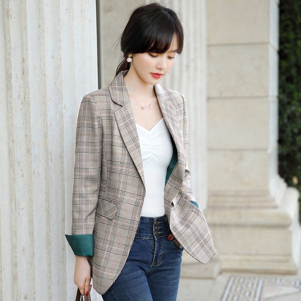 

ewq] 2020 весна новый полный рукав тонкий абрикос plaid женщины дамы офис coat корея стиль плюс размер женщины тонкий блейзер xxxxl qz356, White;black