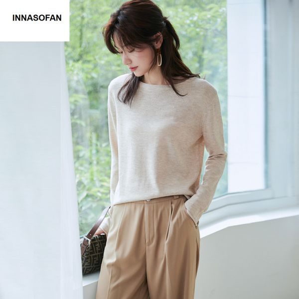 

innasofan sweater women autumn winter knitted long-sleeved sweater euro-american fashion elegant solid color, White;black