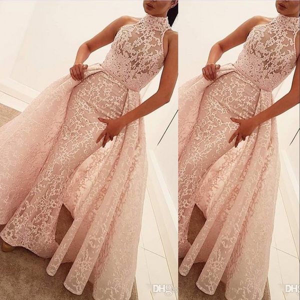 

pink mermaid wedding dresses sleeveless high neck full lace illusion overskirts with detachable train wedding dress bridal gowns, White