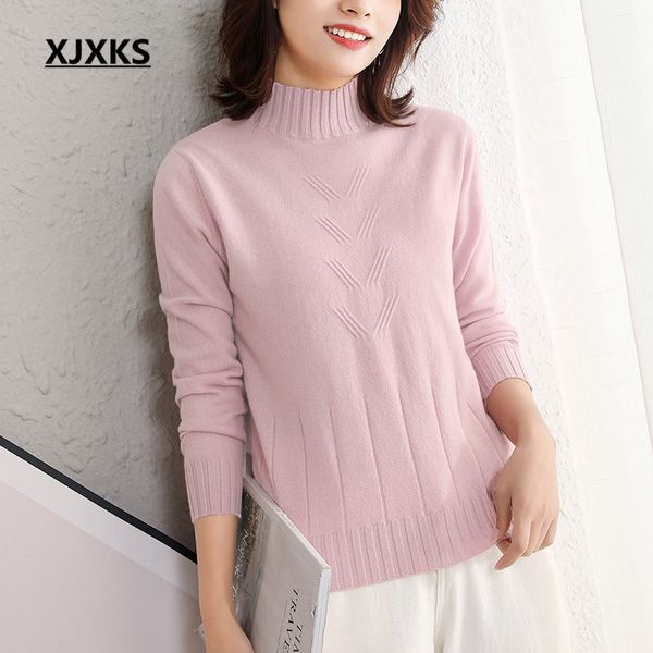 

xjxks 2019 winter solid color all-match women turtleneck sweater high elastic comfort 100% wool knitted sweater women pullover, White;black