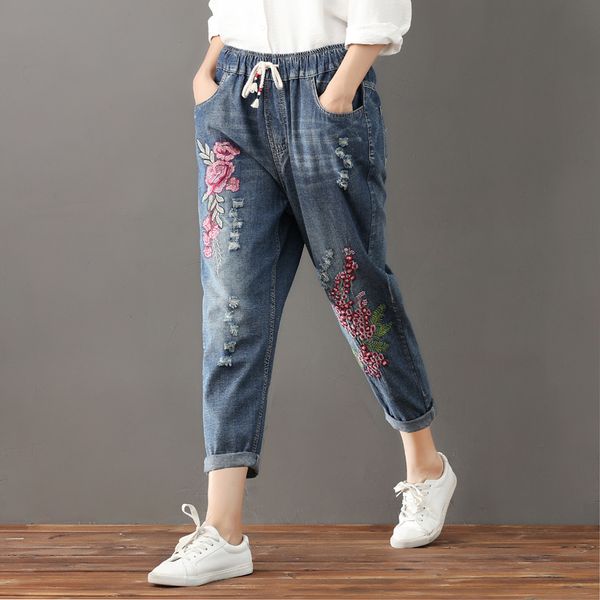 

spring and summer korean large size casual loosely embroidered open jeans nine minutes harlan pants woman distressed jeans, Blue