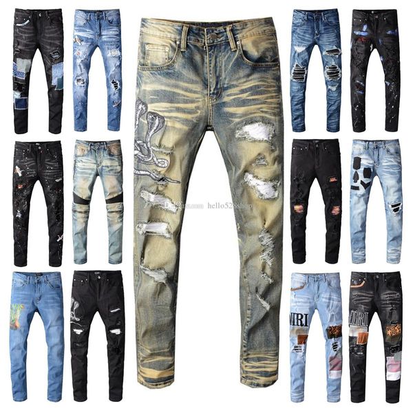

mens brand jeans distressed ripped biker jeans slim fit motorcycle biker denim for men fashion designer hip hop for men, Blue