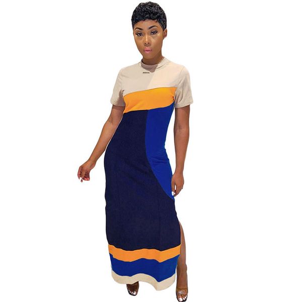

2020 summer t shirt dress women short sleeve round neck patchwork bodycon maxi dress slit side casual long plus size, Black;gray